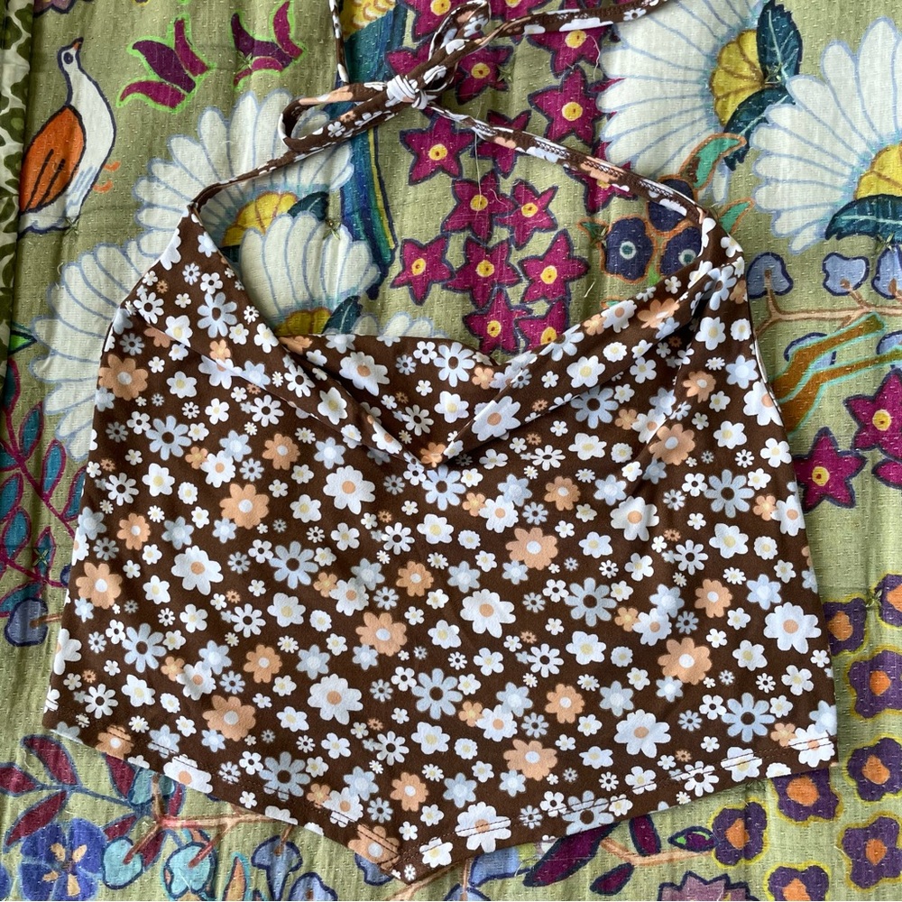 Hollister Copped Floral Cowl Neck Halter Tank-Top Brown MEDIUM